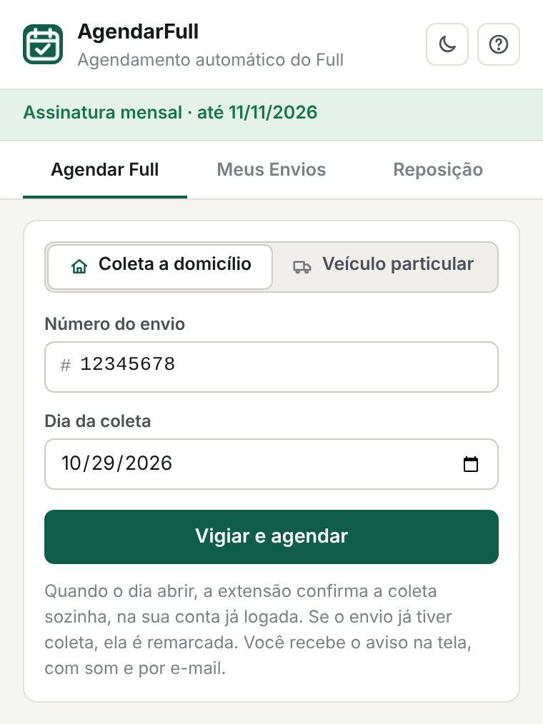Tela da extensão AgendarFull com o envio e o dia escolhidos